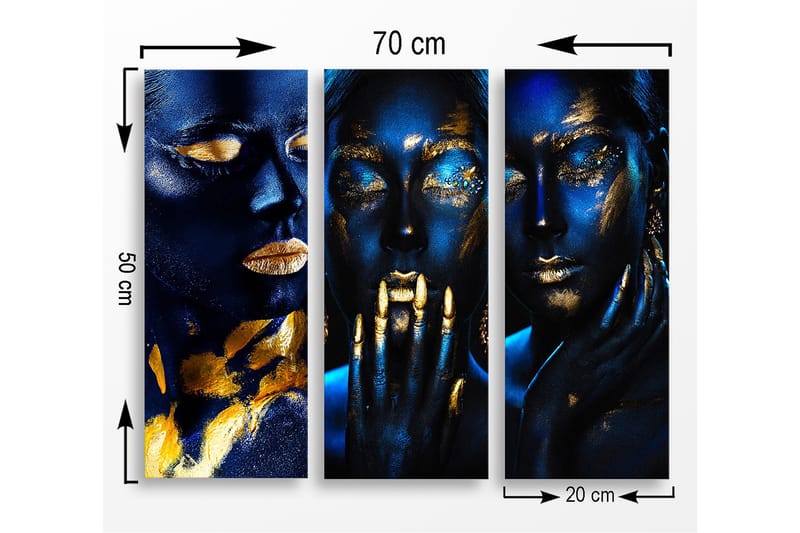 Canvastavla i trä 3-delar 50x70 cm - Mörkblå ansikten med guldiga detaljer - Mörkblå / Guld - Inredning - Tavlor & posters - Canvastavla