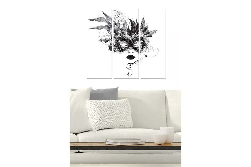 Canvastavla i trä 3-delar 50x70 cm - Maskerad kvinna med fjädrar och detaljerade mönster - Svart / Vitt - Inredning - Tavlor & posters - Canvastavla