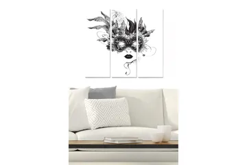 Canvastavla i trä 3-delar 50x70 cm - Maskerad kvinna med fjädrar och detaljerade mönster - Svart / Vitt - Inredning - Tavlor & posters - Canvastavla