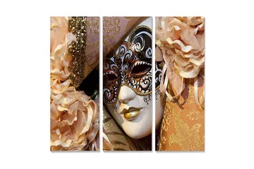 Canvastavla i trä 3-delar 50x70 cm - Maskeradmask med eleganta detaljer och blommor i mjuka nyanser - Ljusrosa / Guld / Vit - Inredning - Tavlor & posters - Canvastavla