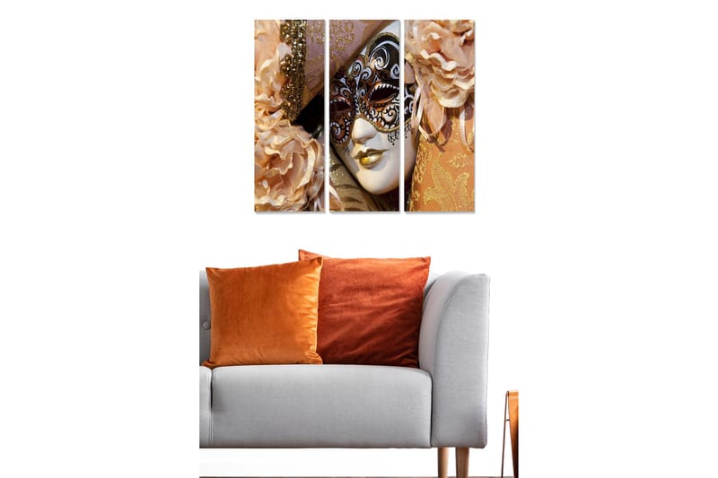 Canvastavla i trä 3-delar 50x70 cm - Maskeradmask med eleganta detaljer och blommor i mjuka nyanser - Ljusrosa / Guld / Vit - Inredning - Tavlor & posters - Canvastavla