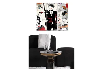 Canvastavla i trä 3-delar 50x70 cm - Modeinspirerad collage med stiliserade ansikten och textfragment - Röd / Svart / Vit - Inredning - Tavlor & posters - Canvastavla