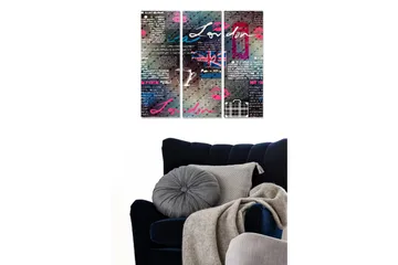 Canvastavla i trä 3-delar 50x70 cm - Modern konst med London-tema och grafiska element - Blå / Rosa / Grå - Inredning - Tavlor & posters - Canvastavla