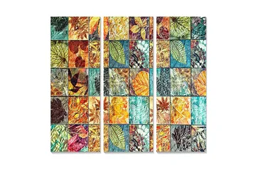 Canvastavla i trä 3-delar 50x70 cm - Mosaik av färgglada löv och växtdetaljer - Grön / Orange / Blå - Inredning - Tavlor & posters - Canvastavla