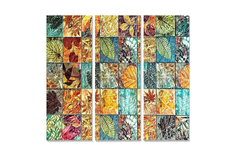 Canvastavla i trä 3-delar 50x70 cm - Mosaik av färgglada löv och växtdetaljer, Grön / Orange / Blå