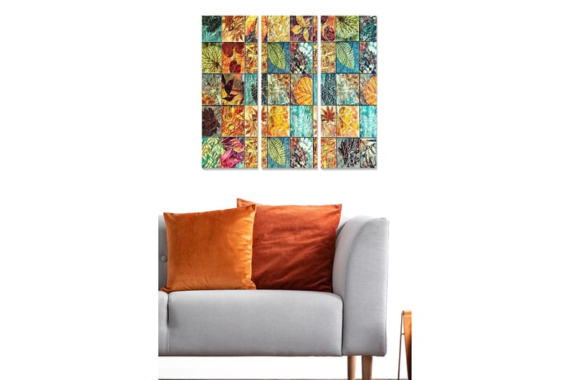 Canvastavla i trä 3-delar 50x70 cm - Mosaik av färgglada löv och växtdetaljer - Grön / Orange / Blå - Inredning - Tavlor & posters - Canvastavla