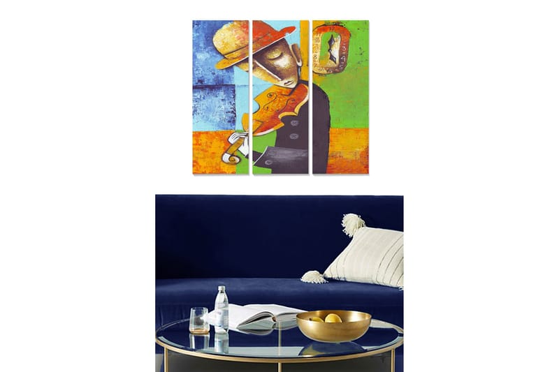 Canvastavla i trä 3-delar 50x70 cm - Musiker som spelar fiol med en färgglad bakgrund, Blå / Orange / Grön