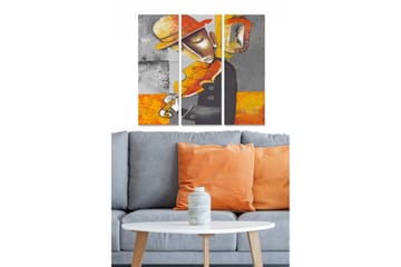 Canvastavla i trä 3-delar 50x70 cm - Musiker som spelar fiol med en färgglad hatt - Orange / Grå / Svart - Inredning - Tavlor & posters - Canvastavla
