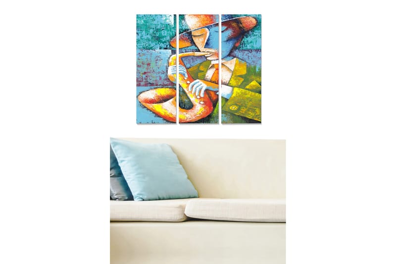 Canvastavla i trä 3-delar 50x70 cm - Musiker som spelar saxofon med färgglad bakgrund, Blå / Orange / Gul