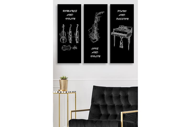 Canvastavla i trä 3-delar 50x70 cm - Musikinstrument i skissartad stil, Svart / Vit