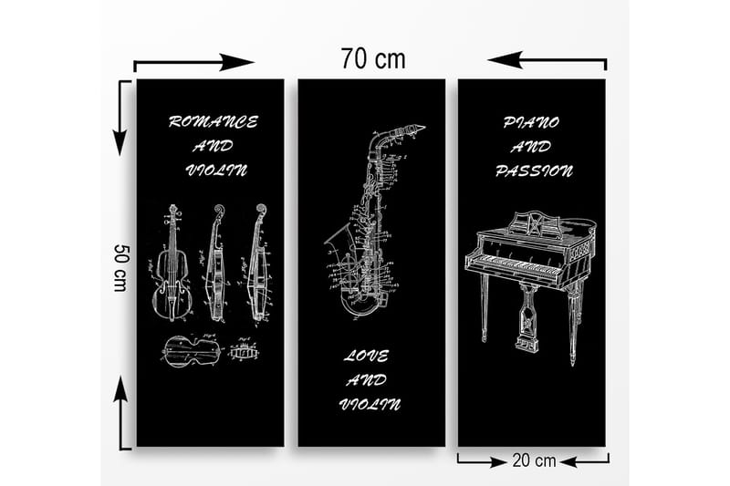 Canvastavla i trä 3-delar 50x70 cm - Musikinstrument i skissartad stil - Svart / Vit - Inredning - Tavlor & posters - Canvastavla