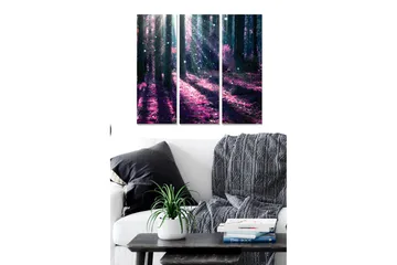 Canvastavla i trä 3-delar 50x70 cm - Mystisk skog med ljusstrålar som bryter genom träden - Mörkblå / Lila / Grön - Inredning - Tavlor & posters - Canvastavla