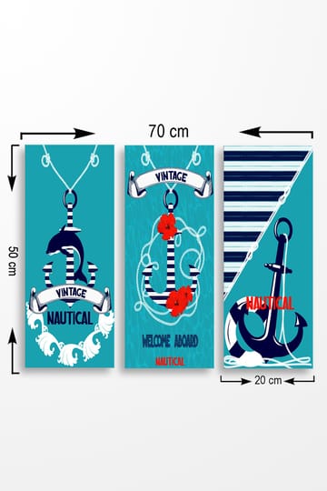 Canvastavla i trä 3-delar 50x70 cm - Nautisk komposition med ankare och blommor - Turkos / Blå / Röd - Inredning - Tavlor & posters - Canvastavla