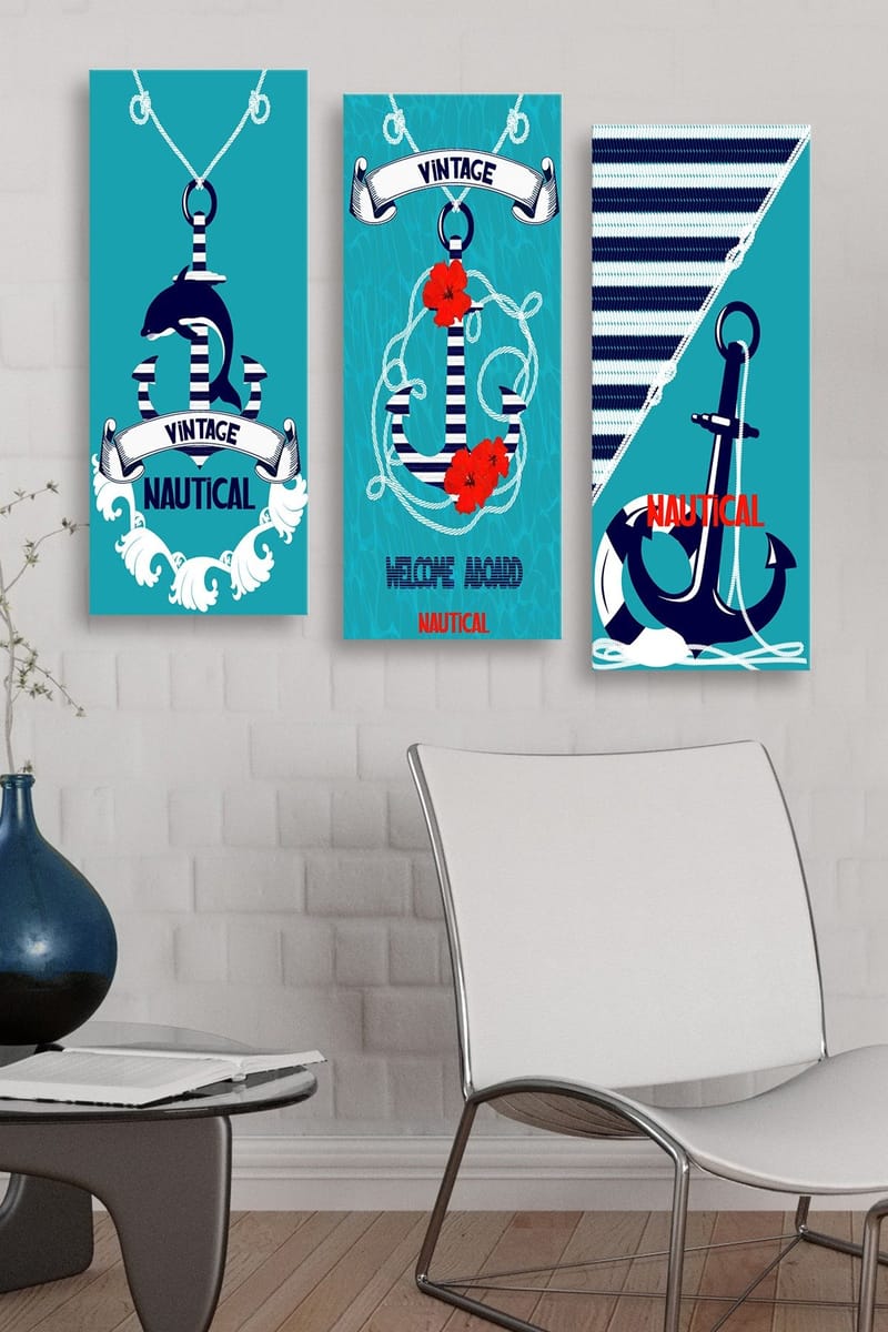 Canvastavla i trä 3-delar 50x70 cm - Nautisk komposition med ankare och blommor - Turkos / Blå / Röd - Inredning - Tavlor & posters - Canvastavla