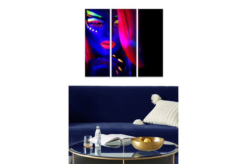 Canvastavla i trä 3-delar 50x70 cm - Neonfärgad porträtt av en kvinna med dramatisk makeup - Blå / Rosa / Grön - Inredning - Tavlor & posters - Canvastavla