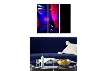 Canvastavla i trä 3-delar 50x70 cm - Neonfärgad porträtt av en kvinna med dramatisk makeup - Blå / Rosa / Grön - Inredning - Tavlor & posters - Canvastavla