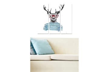 Canvastavla i trä 3-delar 50x70 cm - Rådjur med glasögon och randig tröja - Svart / Blå / Röd - Inredning - Tavlor & posters - Canvastavla