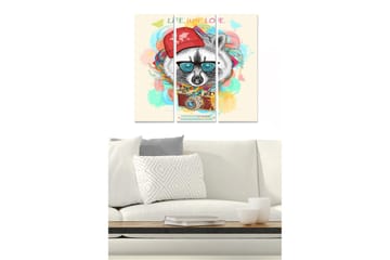 Canvastavla i trä 3-delar 50x70 cm - Råtta med solglasögon och röd keps omgiven av färgglada mönster - Röd / Blå / Gul - Inredning - Tavlor & posters - Canvastavla