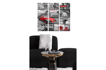 Canvastavla i trä 3-delar 50x70 cm - Röd bil i en svartvit stadsbild av Paris - Röd / Svart / Grå - Inredning - Tavlor & posters - Canvastavla