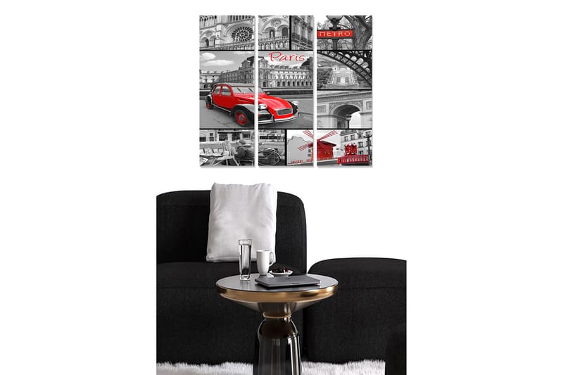 Canvastavla i trä 3-delar 50x70 cm - Röd bil i en svartvit stadsbild av Paris, Röd / Svart / Grå
