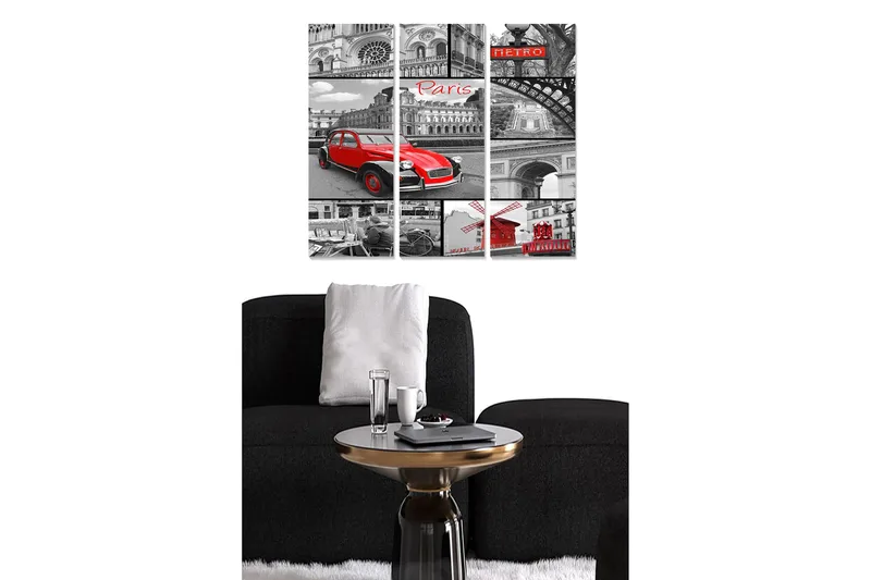 Canvastavla i trä 3-delar 50x70 cm - Röd bil i en svartvit stadsbild av Paris, Röd / Svart / Grå