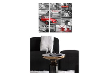 Canvastavla i trä 3-delar 50x70 cm - Röd bil i en svartvit stadsbild av Paris - Röd / Svart / Grå - Inredning - Tavlor & posters - Canvastavla