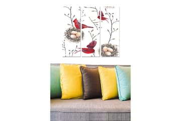 Canvastavla i trä 3-delar 50x70 cm - Röd fågel i en gren med ägg i boet - Röd / Beige / Grön - Inredning - Tavlor & posters - Canvastavla
