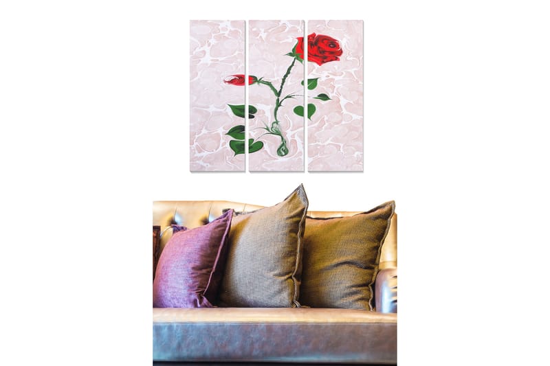 Canvastavla i trä 3-delar 50x70 cm - Röd ros med gröna blad mot en ljus bakgrund - Röd / Grön / Ljusrosa - Inredning - Tavlor & posters - Canvastavla