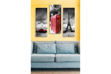 Canvastavla i trä 3-delar 50x70 cm - Röd telefonkiosk med ikoniska landmärken i bakgrunden - Röd / Svart / Grå - Inredning - Tavlor & posters - Canvastavla