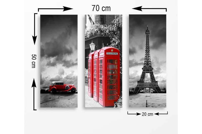 Canvastavla i trä 3-delar 50x70 cm - Röd telefonkiosk med ikoniska landmärken i bakgrunden - Röd / Svart / Grå - Inredning - Tavlor & posters - Canvastavla