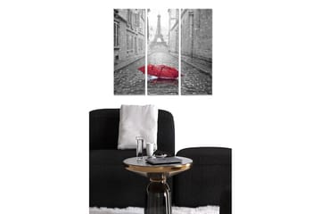 Canvastavla i trä 3-delar 50x70 cm - Röd paraply på en regnig gata med Eiffeltornet i bakgrunden - Röd / Grå - Inredning - Tavlor & posters - Canvastavla