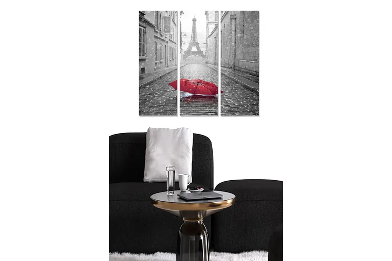 Canvastavla i trä 3-delar 50x70 cm - Röd paraply på en regnig gata med Eiffeltornet i bakgrunden, Röd / Grå