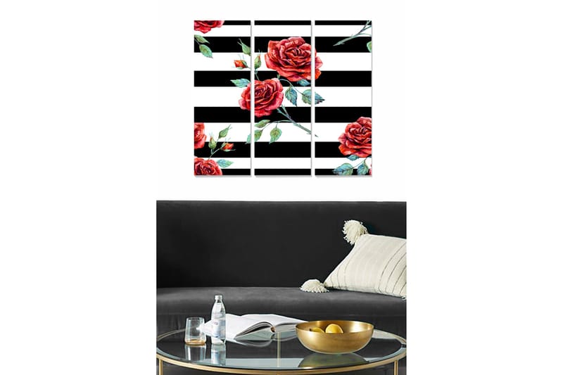 Canvastavla i trä 3-delar 50x70 cm - Röda rosor mot svart-vita ränder, Röd / Grön / Svart