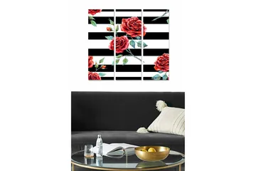Canvastavla i trä 3-delar 50x70 cm - Röda rosor mot svart-vita ränder - Röd / Grön / Svart - Inredning - Tavlor & posters - Canvastavla