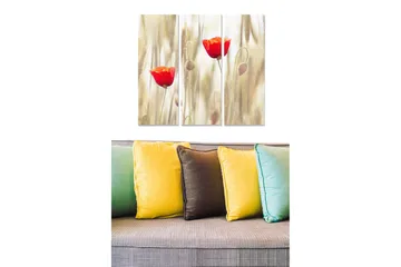 Canvastavla i trä 3-delar 50x70 cm - Röda vallmo i ett mjukt, gult och beige landskap - Röd / Gul / Beige - Inredning - Tavlor & posters - Canvastavla