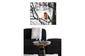 Canvastavla i trä 3-delar 50x70 cm - Rödbröstad fågel på en gren med bär - Grå / Röd / Brun - Inredning - Tavlor & posters - Canvastavla