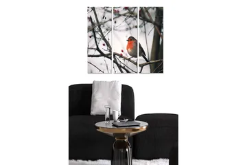 Canvastavla i trä 3-delar 50x70 cm - Rödbröstad fågel på en gren med bär - Grå / Röd / Brun - Inredning - Tavlor & posters - Canvastavla