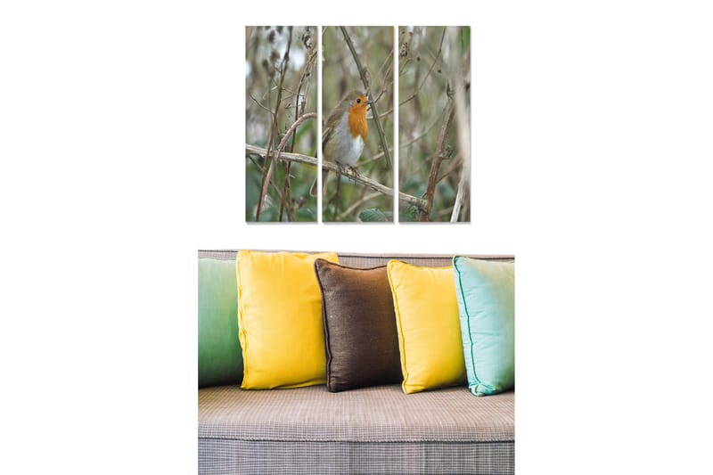 Canvastavla i trä 3-delar 50x70 cm - Rödhake på en gren omgiven av grönska, Grön / Orange / Brun