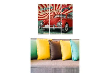 Canvastavla i trä 3-delar 50x70 cm - Retro bil i en garageinspirerad design - Röd / Grön / Beige - Inredning - Tavlor & posters - Canvastavla