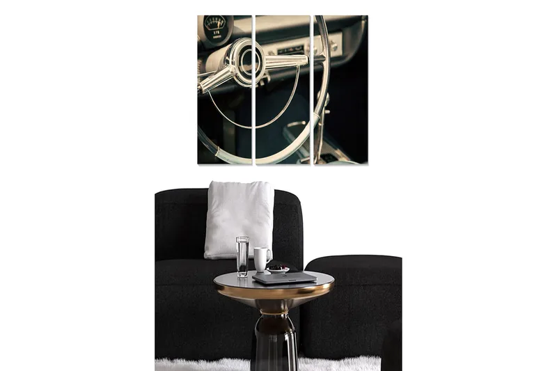 Canvastavla i trä 3-delar 50x70 cm - Retro bilinteriör med fokus på ratt och instrumentpanel, Silver / Svart / Grå