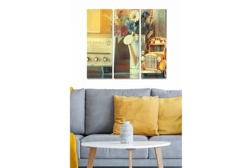 Canvastavla i trä 3-delar 50x70 cm - Retro-inspirerad komposition med en gammal radio, blommor och en leksaksbil - Gul / Beige / Grön - Inredning - Tavlor & posters - Canvastavla
