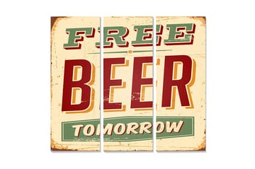 Canvastavla i trä 3-delar 50x70 cm - Retro skylt med texten FREE BEER TOMORROW - Röd / Grön / Beige - Inredning - Tavlor & posters - Canvastavla