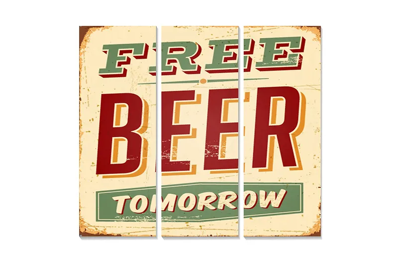 Canvastavla i trä 3-delar 50x70 cm - Retro skylt med texten FREE BEER TOMORROW, Röd / Grön / Beige