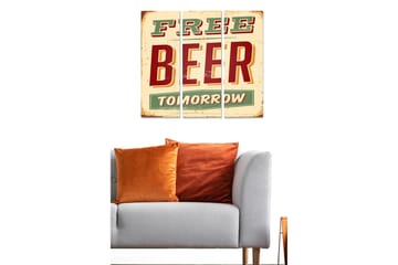 Canvastavla i trä 3-delar 50x70 cm - Retro skylt med texten FREE BEER TOMORROW - Röd / Grön / Beige - Inredning - Tavlor & posters - Canvastavla