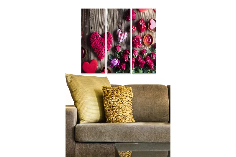 Canvastavla i trä 3-delar 50x70 cm - Romantisk komposition med hjärtan och rosor - Röd / Rosa / Grön - Inredning - Tavlor & posters - Canvastavla
