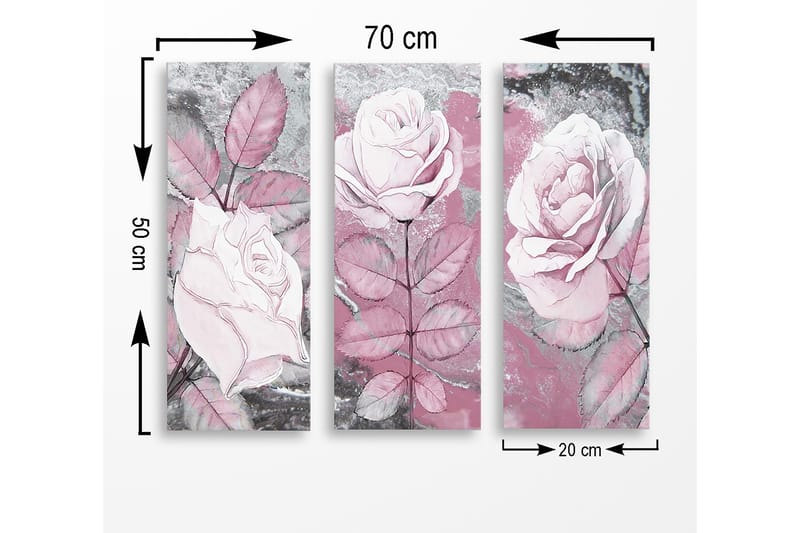 Canvastavla i trä 3-delar 50x70 cm - Rosa blommor med detaljerade bladverk - Rosa / Grå / Vit - Inredning - Tavlor & posters - Canvastavla