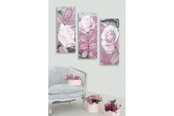Canvastavla i trä 3-delar 50x70 cm - Rosa blommor med detaljerade bladverk - Rosa / Grå / Vit - Inredning - Tavlor & posters - Canvastavla