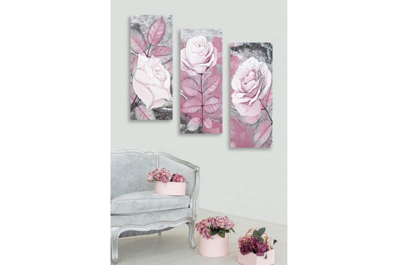 Canvastavla i trä 3-delar 50x70 cm - Rosa blommor med detaljerade bladverk, Rosa / Grå / Vit