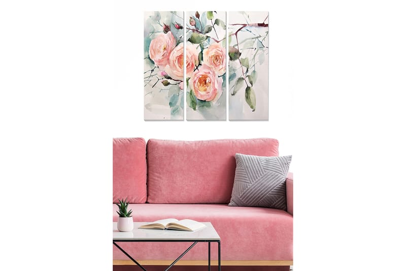 Canvastavla i trä 3-delar 50x70 cm - Rosa blommor med gröna blad i en mjuk akvarellstil - Rosa / Grön / Blå - Inredning - Tavlor & posters - Canvastavla