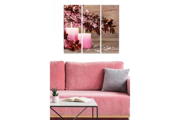 Canvastavla i trä 3-delar 50x70 cm - Rosa ljus omgivna av blommor och trädetaljer - Rosa / Brun / Grå - Inredning - Tavlor & posters - Canvastavla